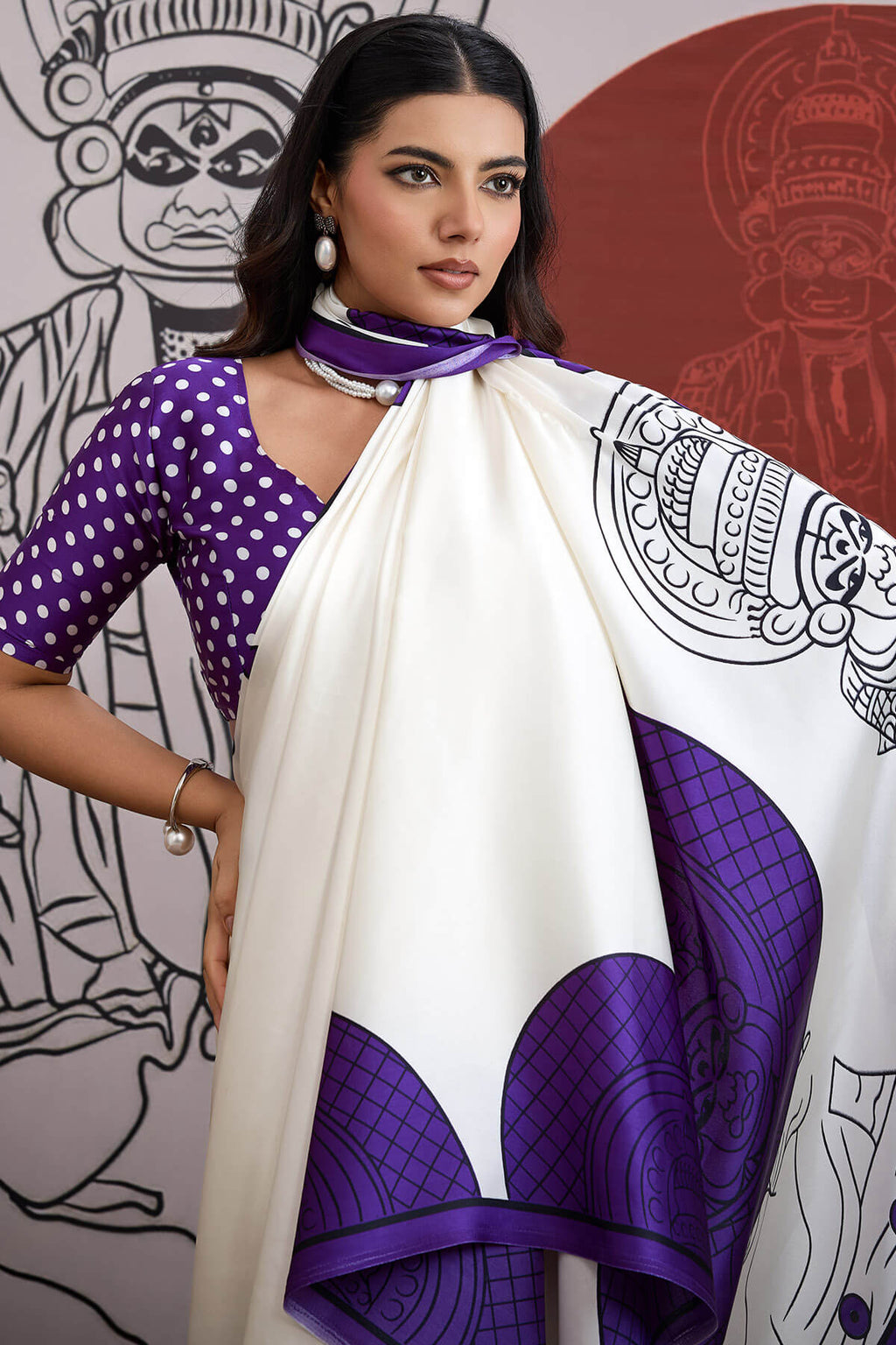 Off White and Purple Ajrakh Printed Satin Crepe Silk Saree