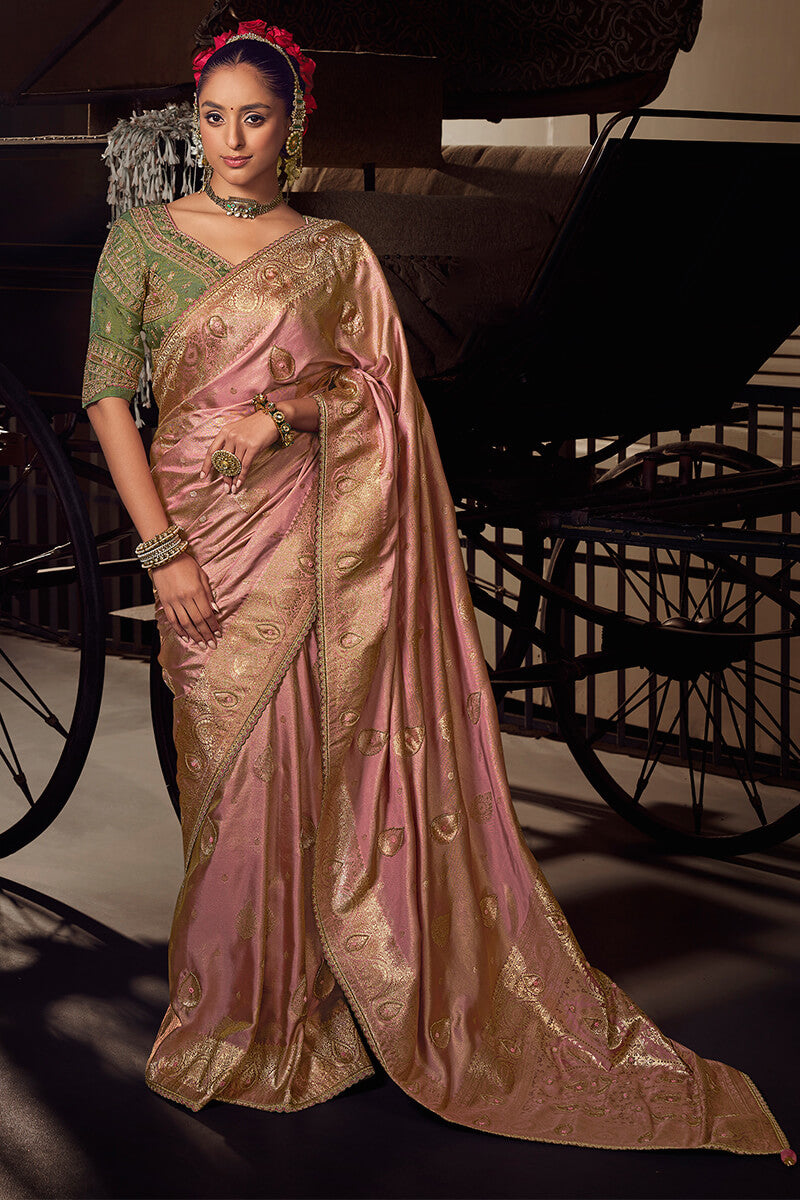 Old Rose Pink Pure Viscose Tissue Silk Hand Worked Saree
