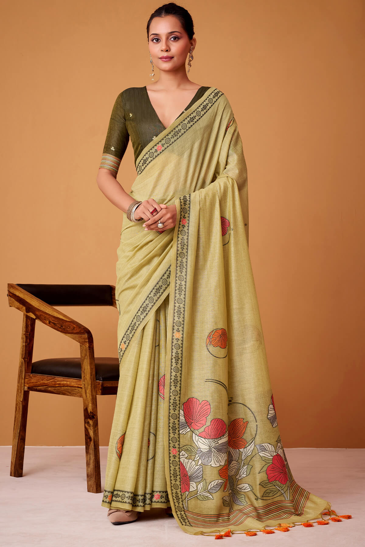 Olive Green Jamdani Cotton Silk Saree