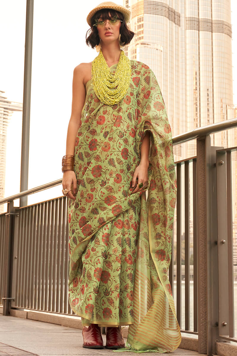 Olive Green Printed Tissue Silk Saree