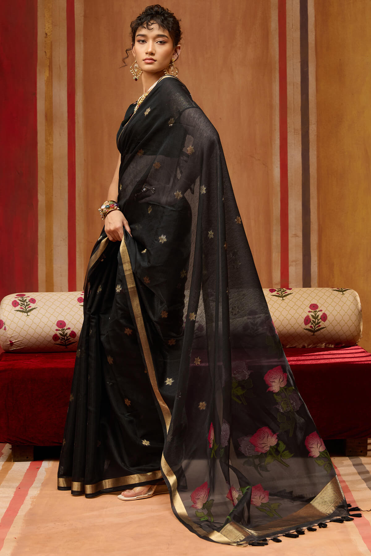 Onyx Black Handloom Munga Cotton Saree