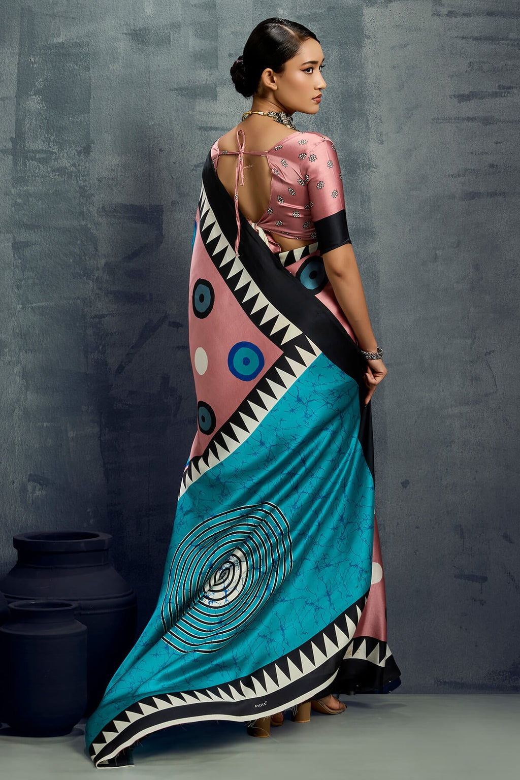 Oriental Pink Ajrakh Printed Satin Crepe Silk Saree