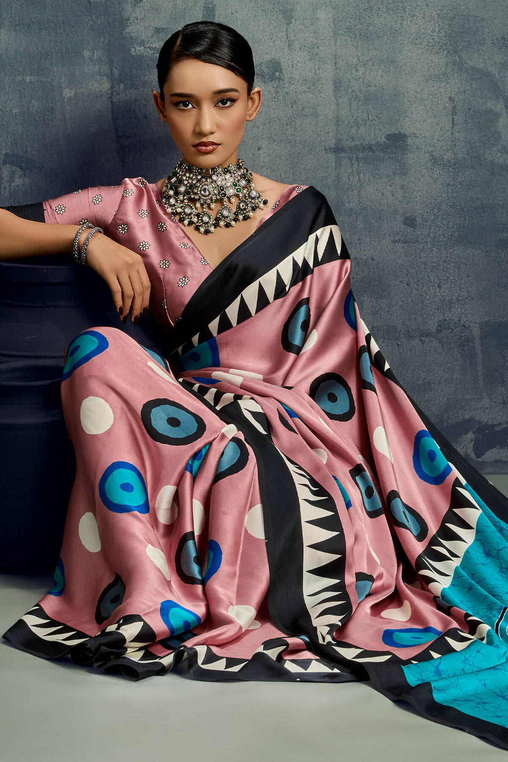 Oriental Pink Ajrakh Printed Satin Crepe Silk Saree