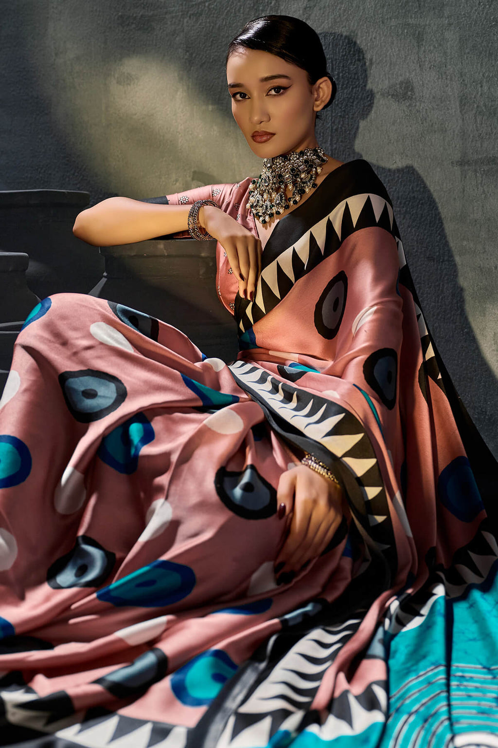Oriental Pink Ajrakh Printed Satin Crepe Silk Saree