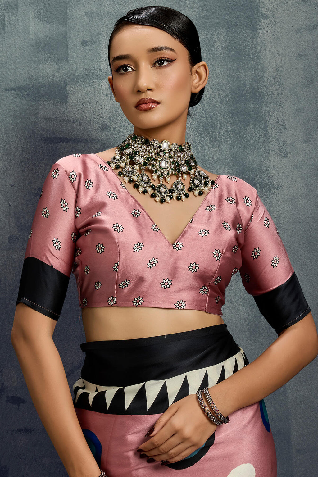 Oriental Pink Ajrakh Printed Satin Crepe Silk Saree