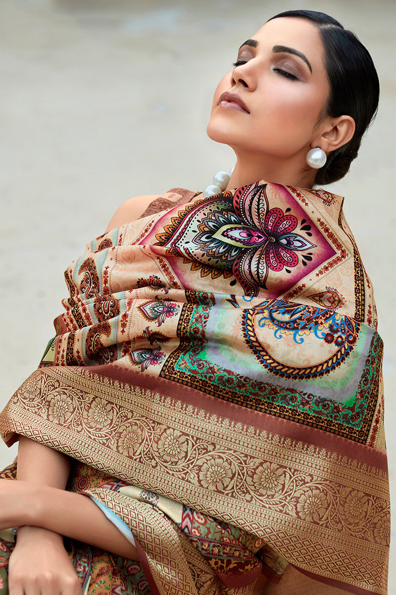 Otter Brown Printed Dola Silk Saree