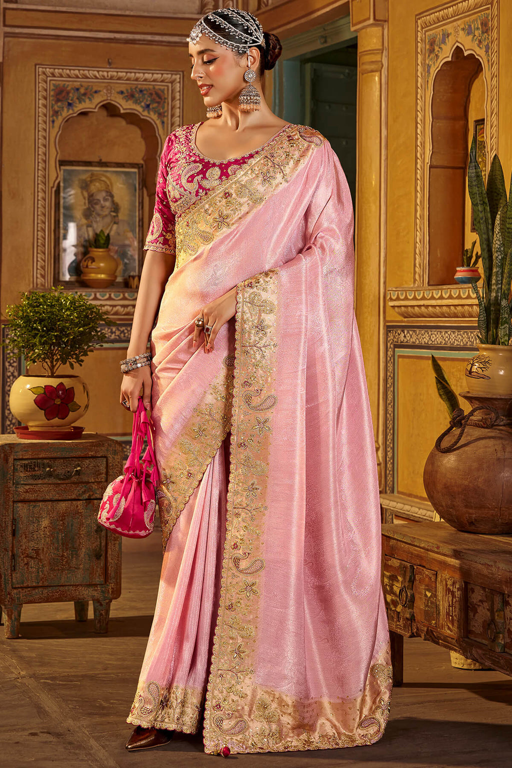 Oyster Pink Hand Work Viscose Saree with Stiched Blouse