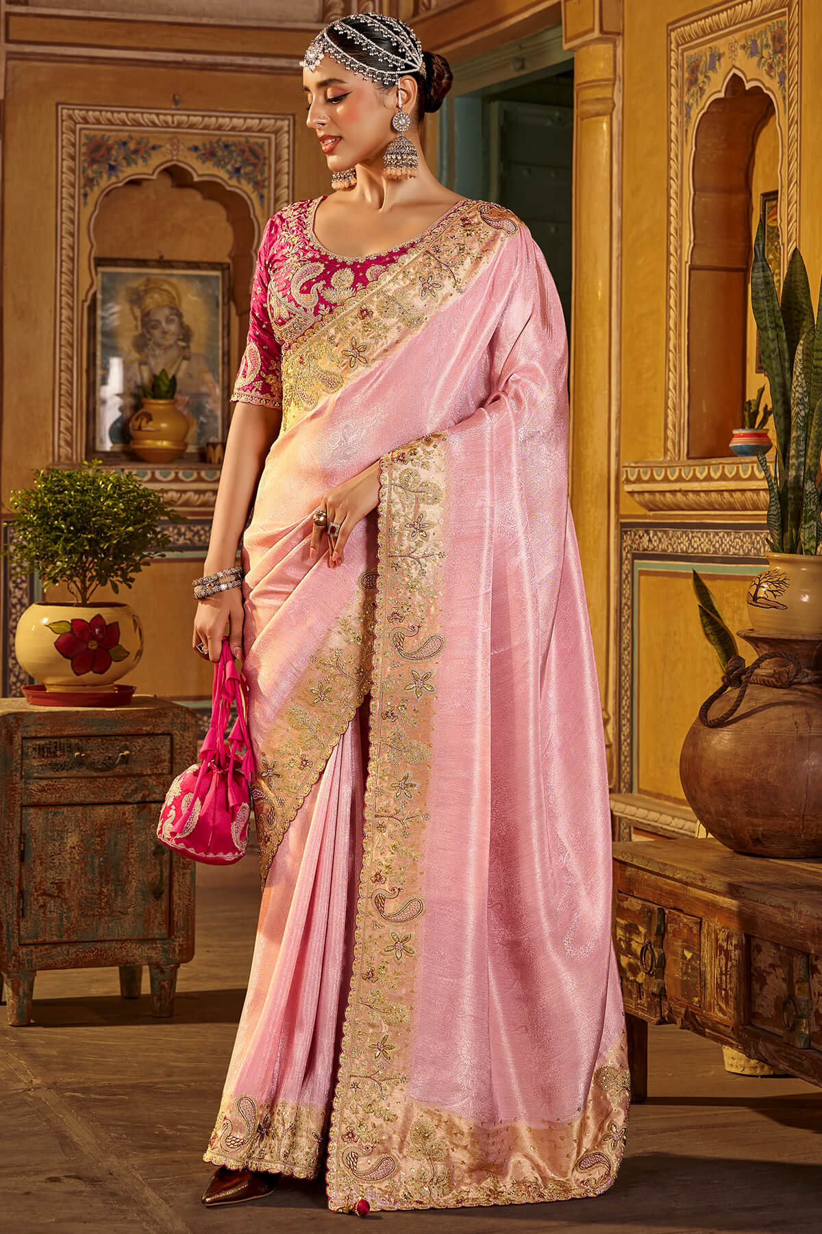 Oyster Pink Hand Work Viscose Saree with Stiched Blouse