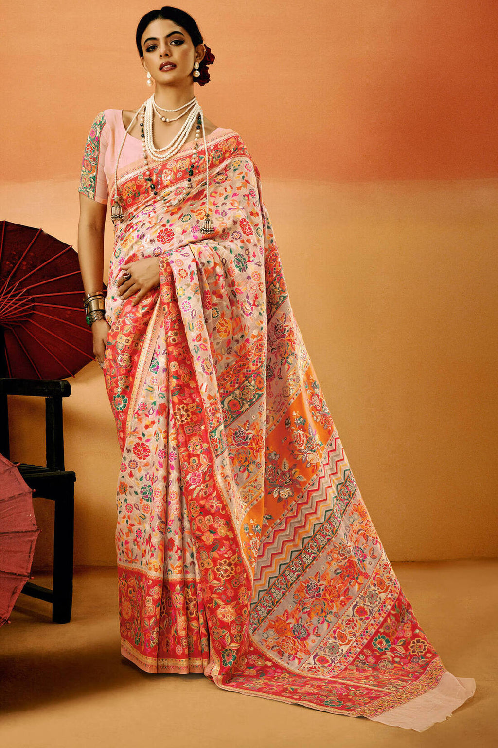 Oyster Pink Kashmiri Modal Pashmina Silk Saree