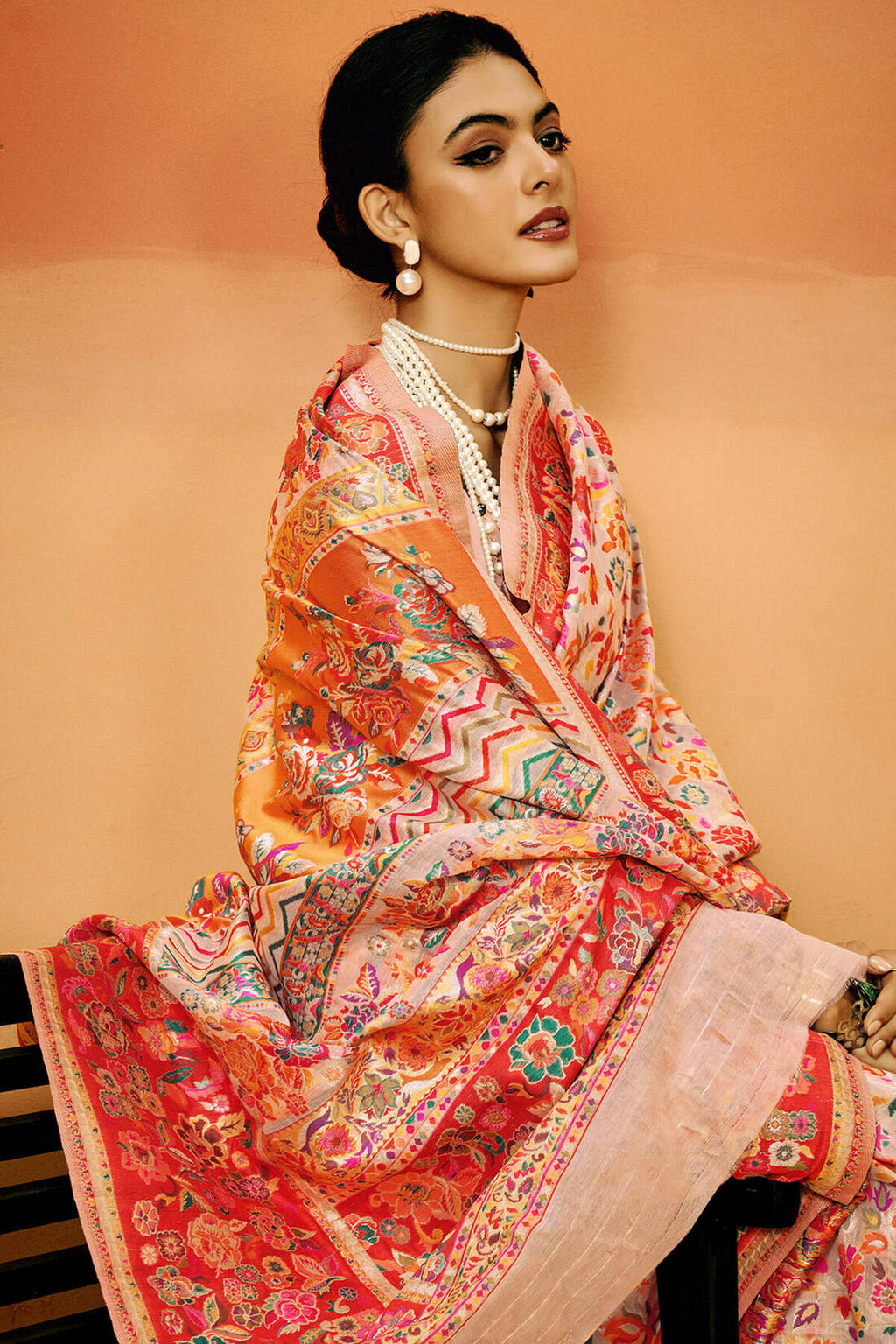 Oyster Pink Kashmiri Modal Pashmina Silk Saree