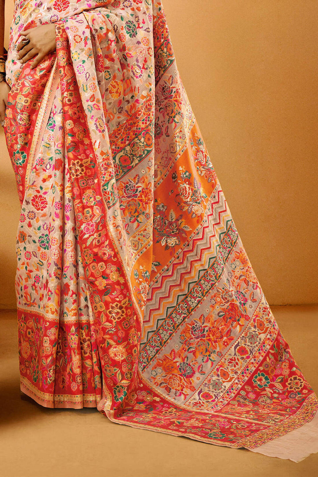 Oyster Pink Kashmiri Modal Pashmina Silk Saree