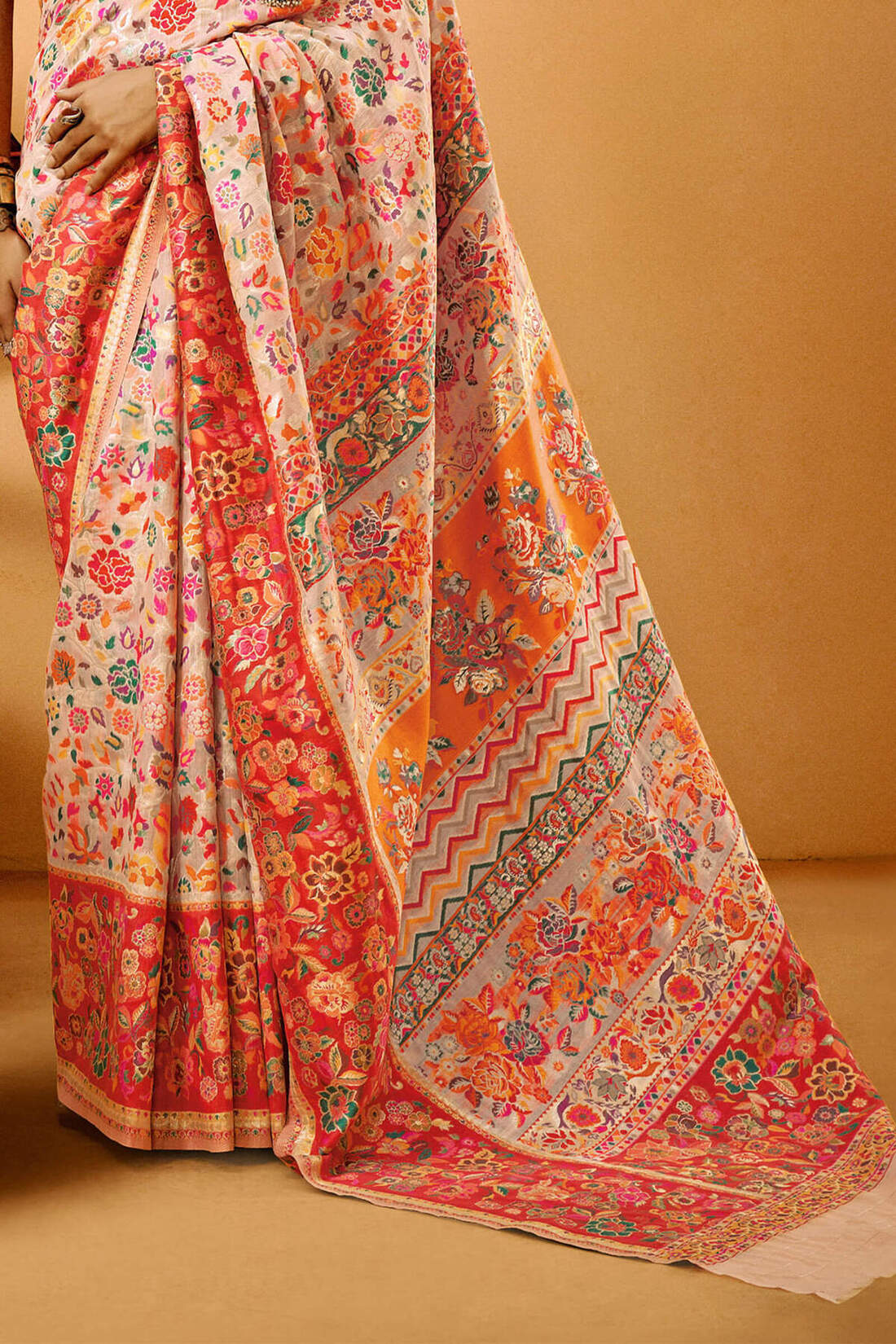Oyster Pink Kashmiri Modal Pashmina Silk Saree
