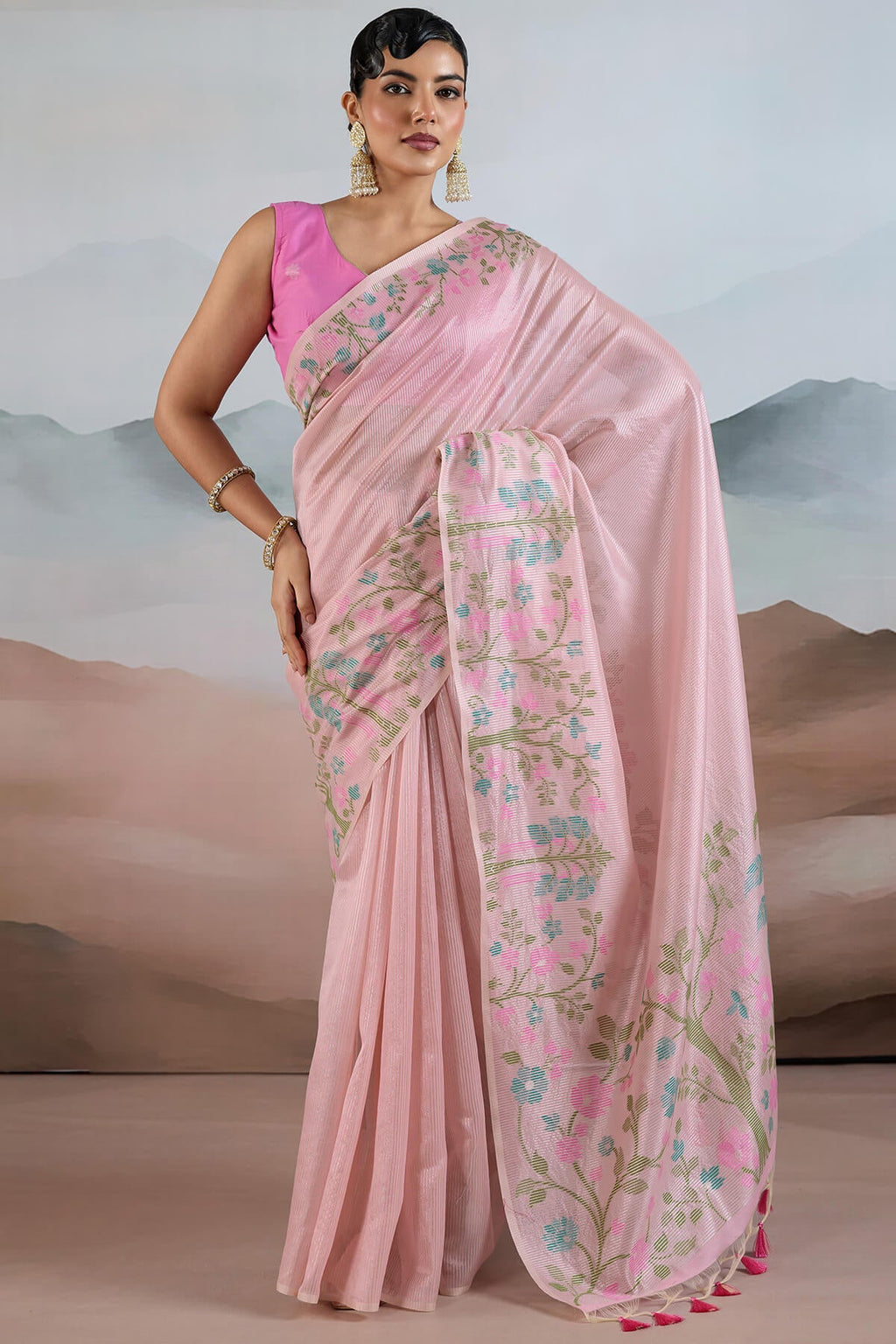 Oyster Pink Pure Tissue Silk Saree