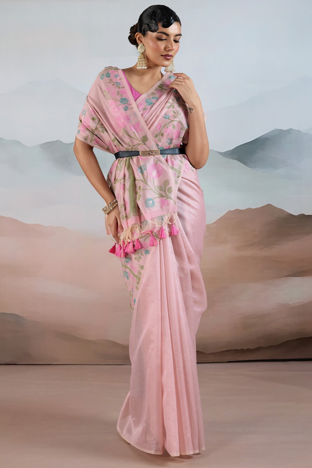 Oyster Pink Pure Tissue Silk Saree