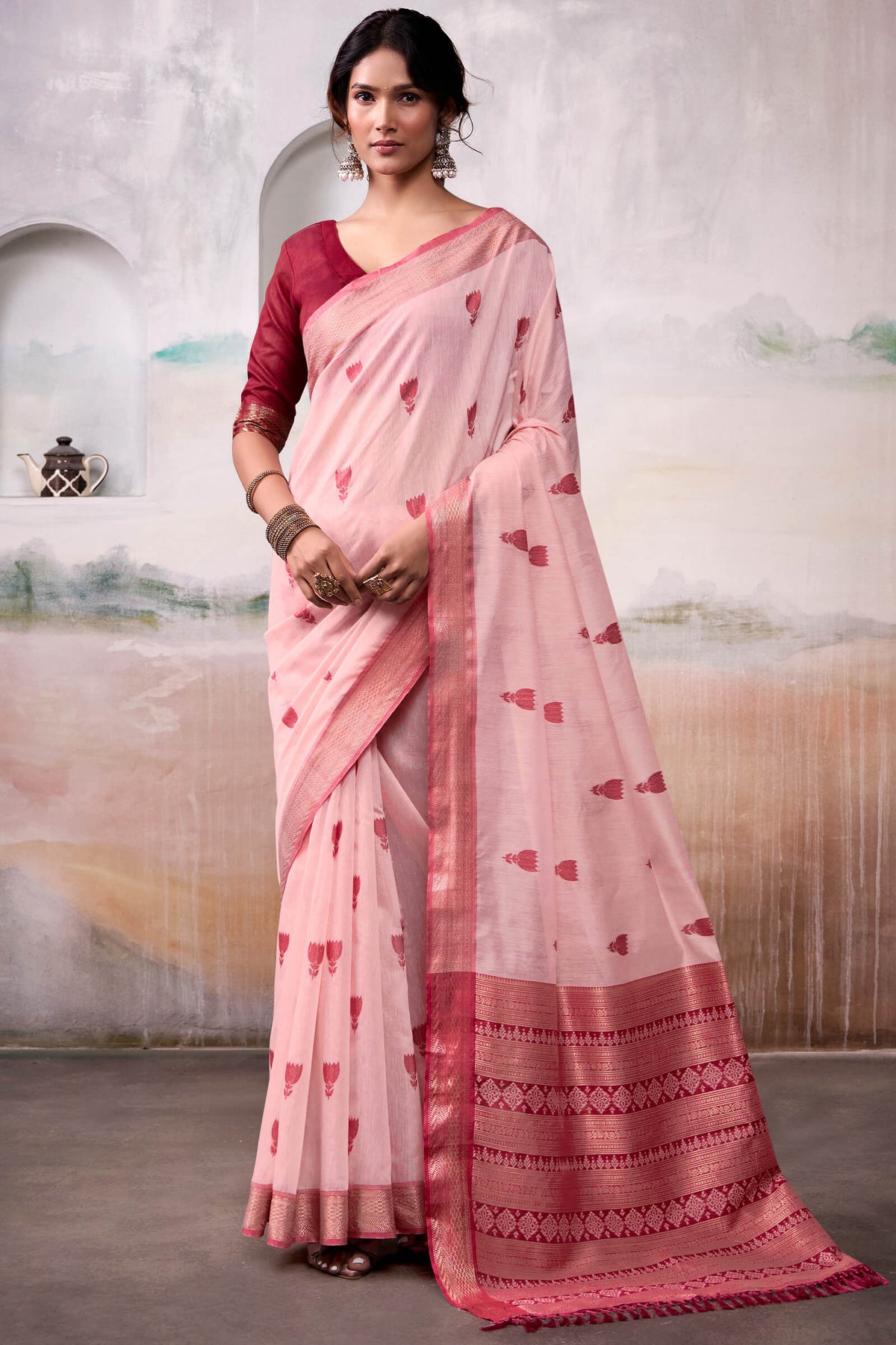 Oyster Pink Zari Woven Cotton Silk Saree