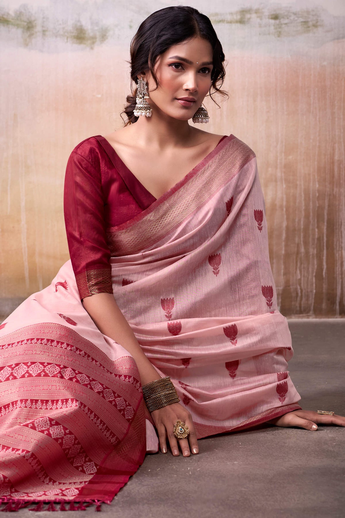 Oyster Pink Zari Woven Cotton Silk Saree