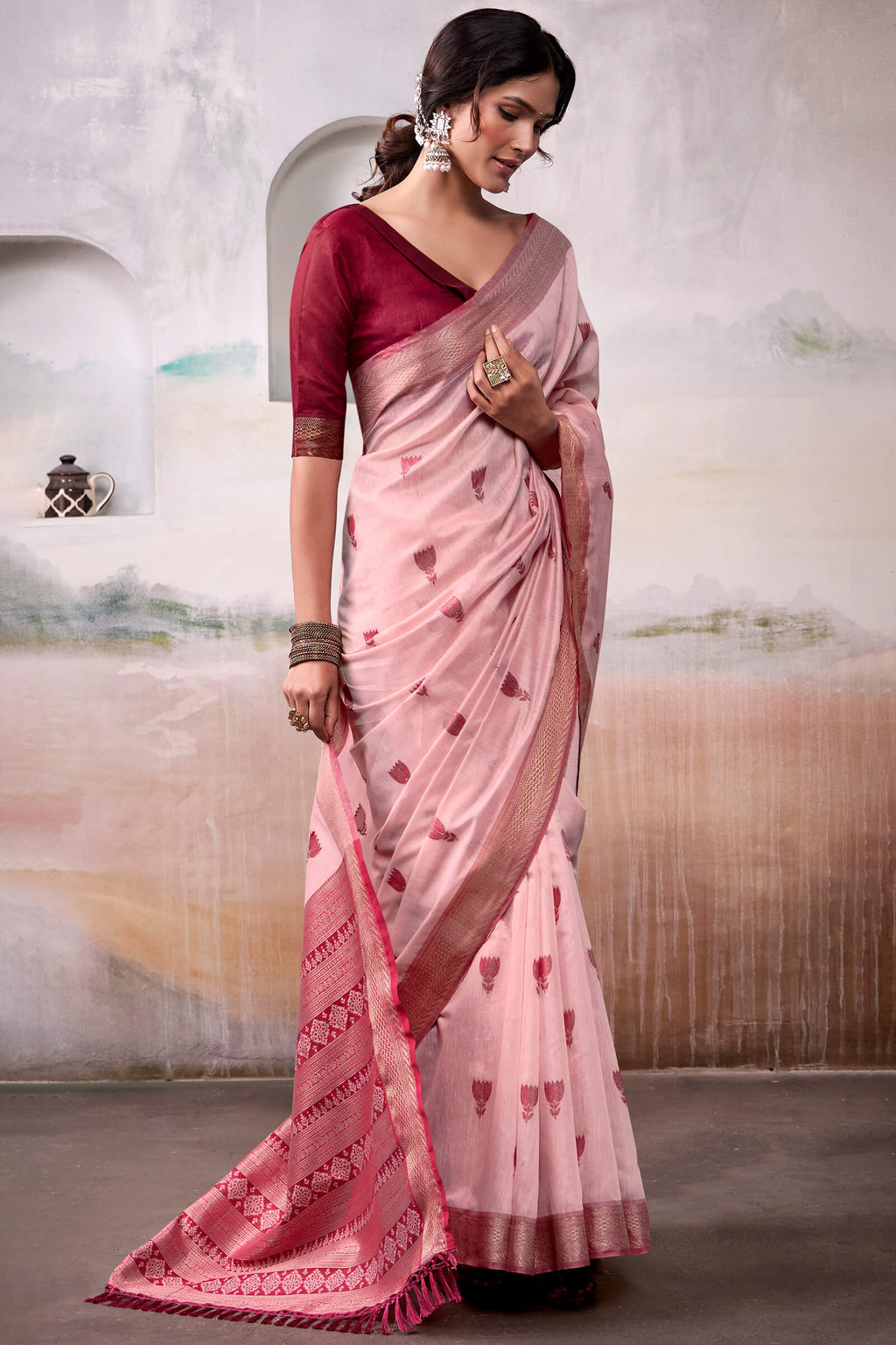 Oyster Pink Zari Woven Cotton Silk Saree