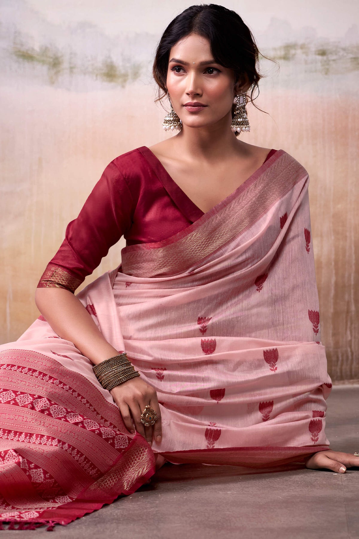 Oyster Pink Zari Woven Cotton Silk Saree