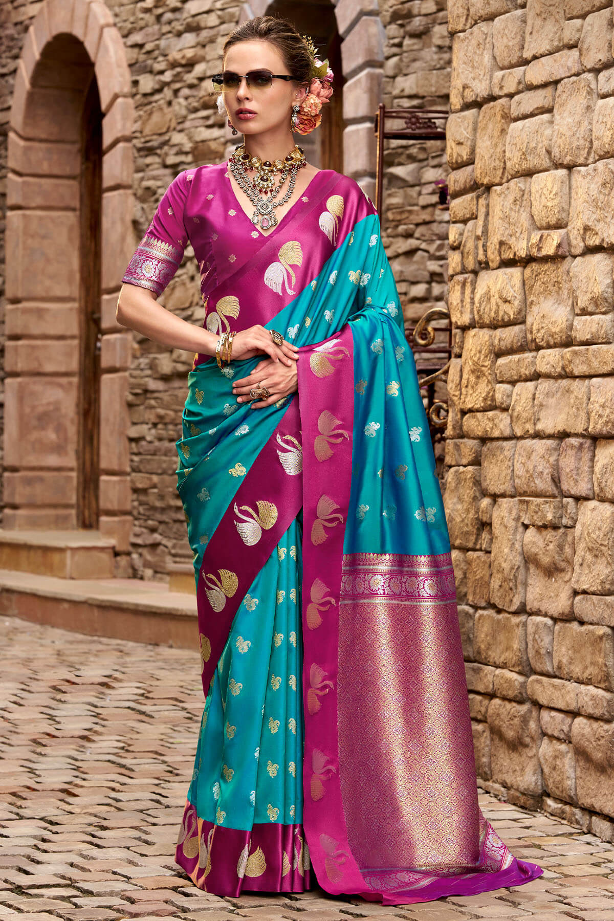Pacific Blue Satin Silk Saree