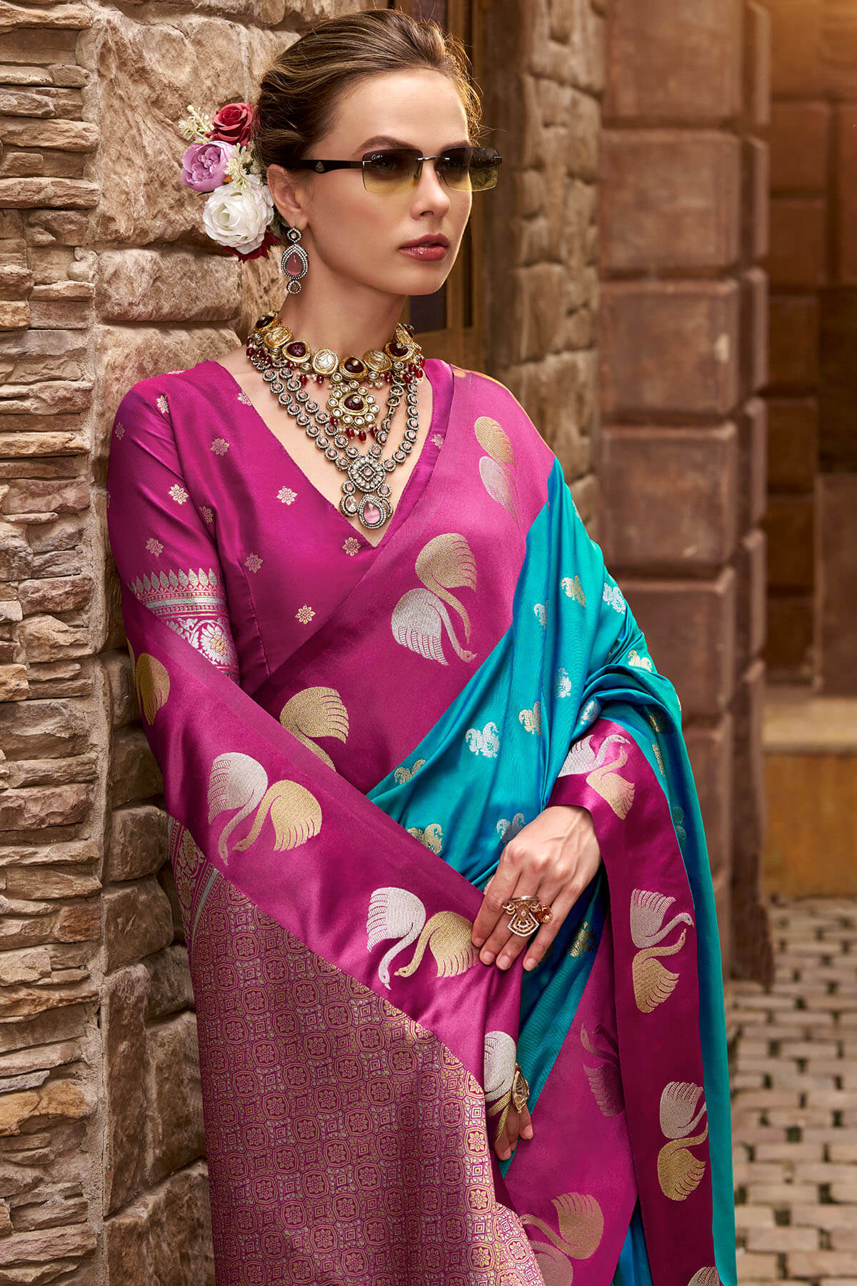 Pacific Blue Satin Silk Saree