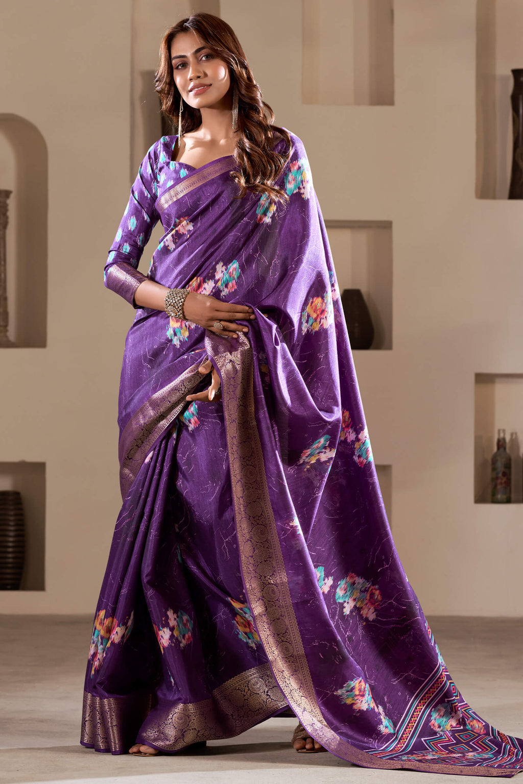 Palatinate Purple Foil Printed Dola Silk Saree