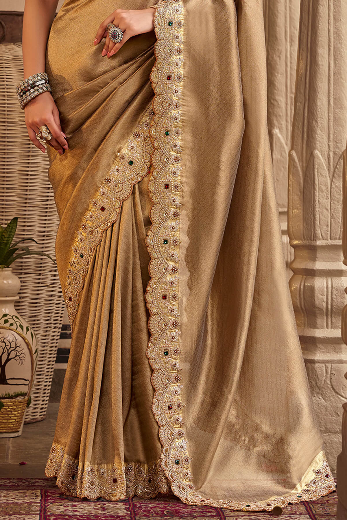 Pale Brown Hand Work Viscose Saree with Stiched Blouse