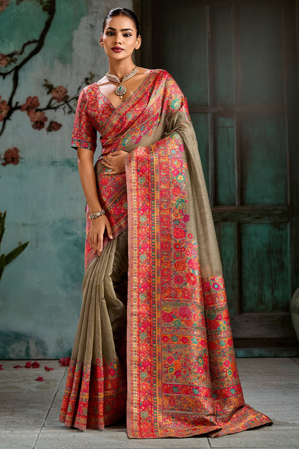Pale Brown Pashmina Silk Saree