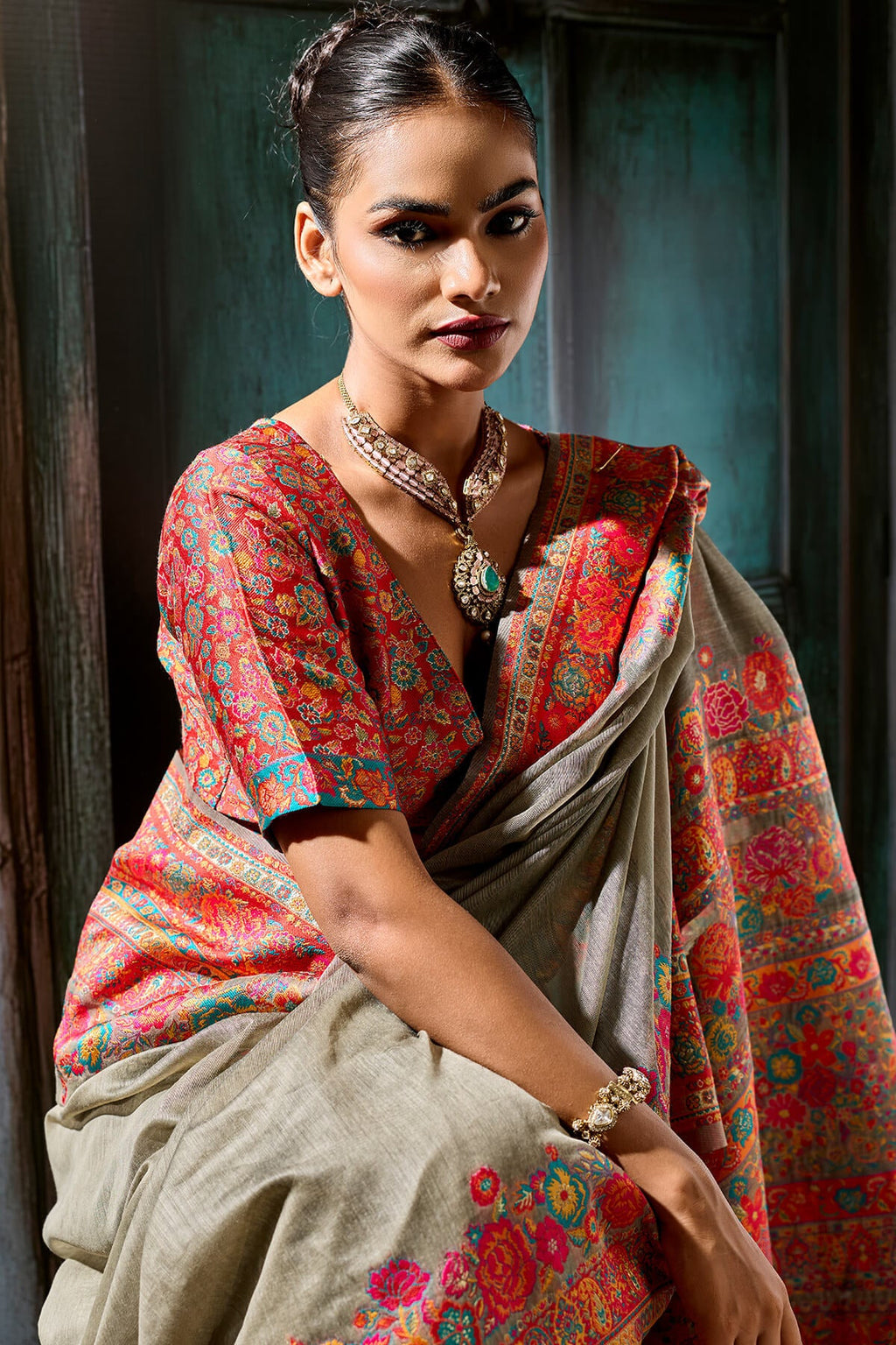 Pale Brown Pashmina Silk Saree