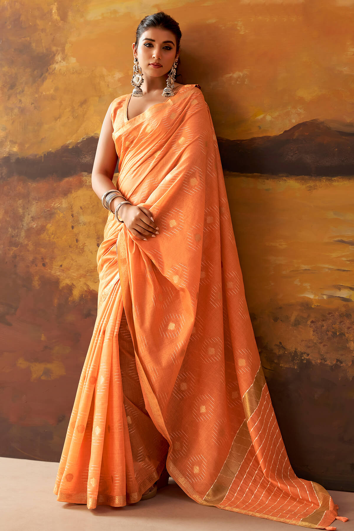 Pale Orange Zari Woven Cotton Silk Saree