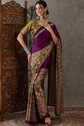 Pansy Purple Ajrakh Printed Satin Silk Saree