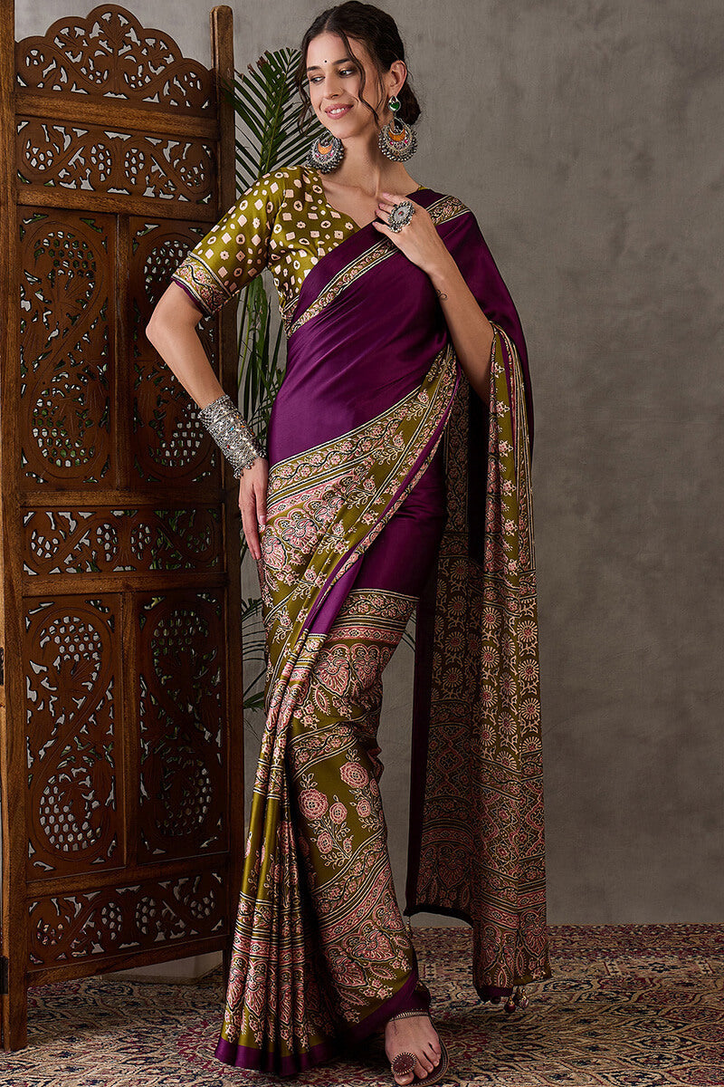 Pansy Purple Ajrakh Printed Satin Silk Saree