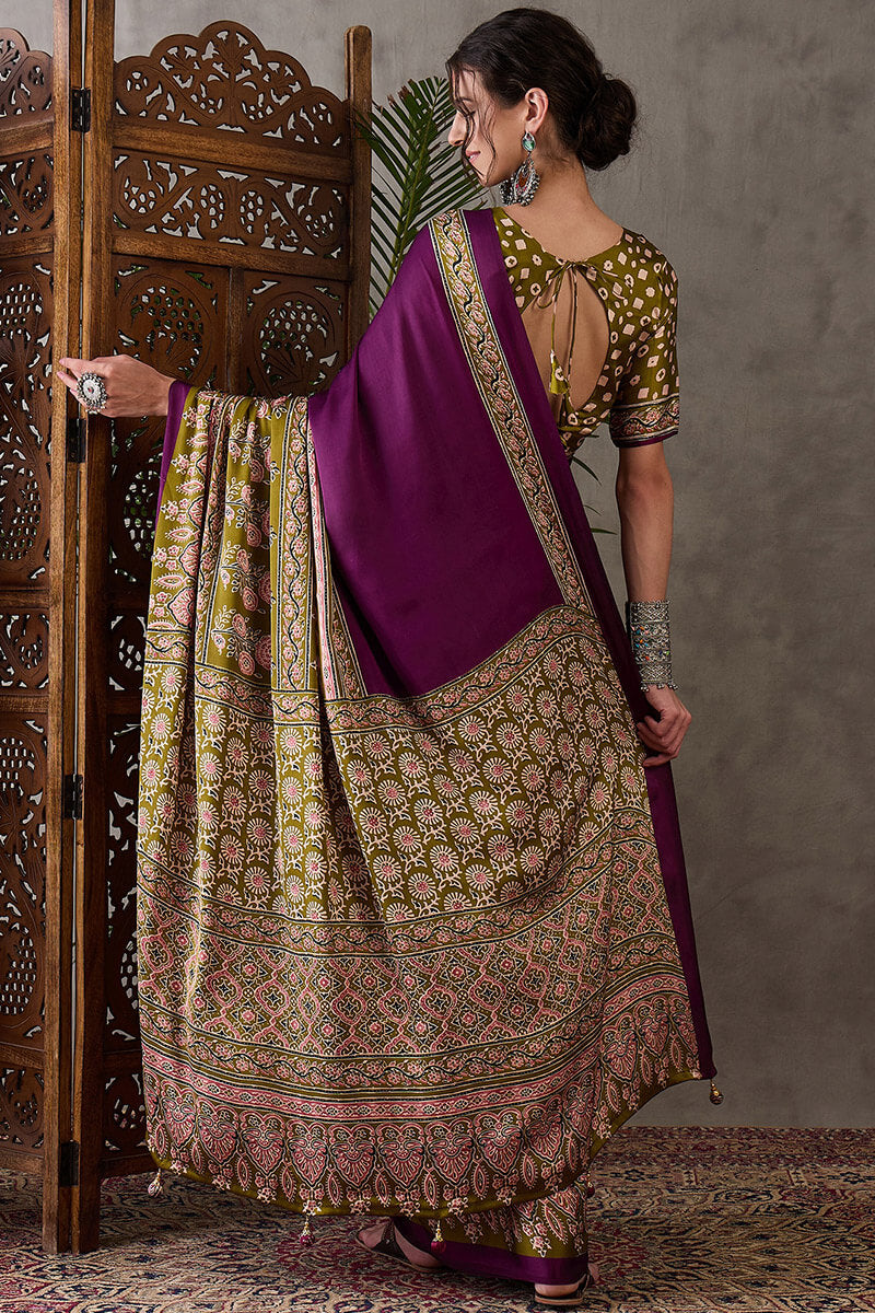 Pansy Purple Ajrakh Printed Satin Silk Saree