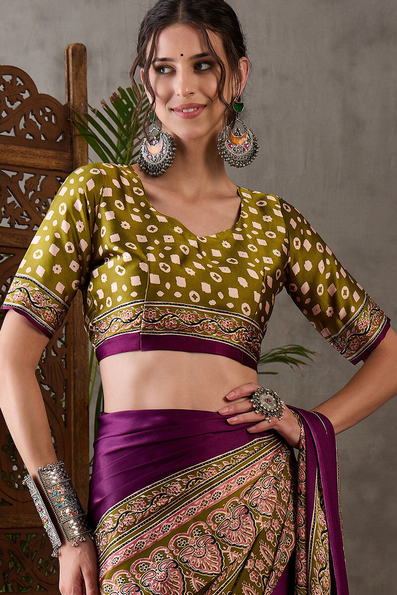 Pansy Purple Ajrakh Printed Satin Silk Saree