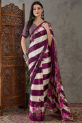 Pansy Purple Stripe Printed Satin Silk Saree