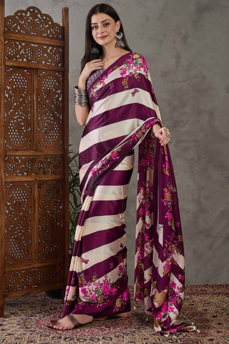 Pansy Purple Stripe Printed Satin Silk Saree
