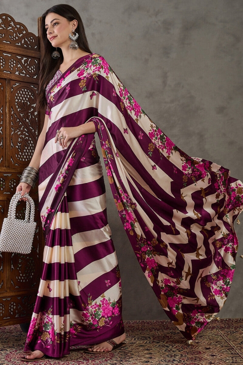 Pansy Purple Stripe Printed Satin Silk Saree