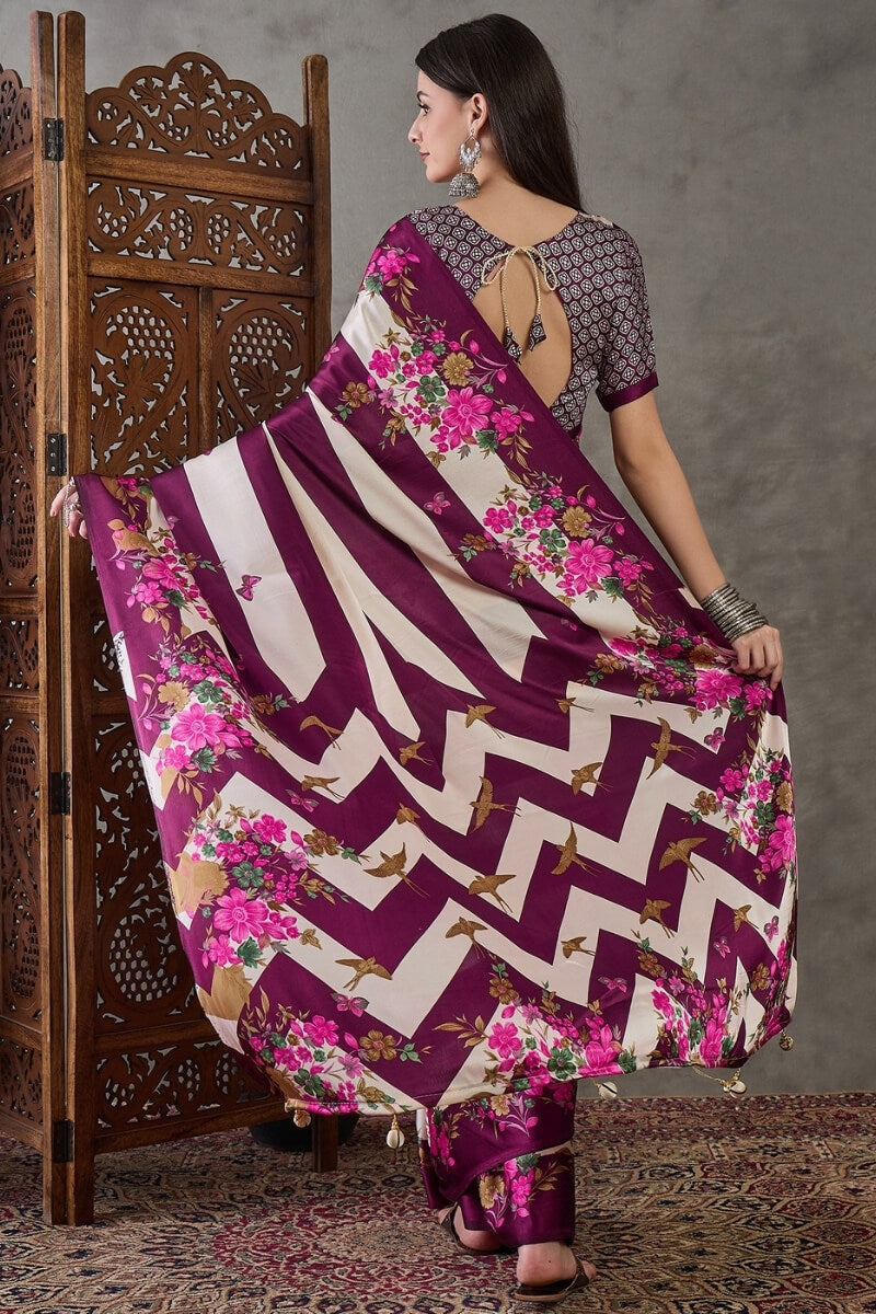 Pansy Purple Stripe Printed Satin Silk Saree