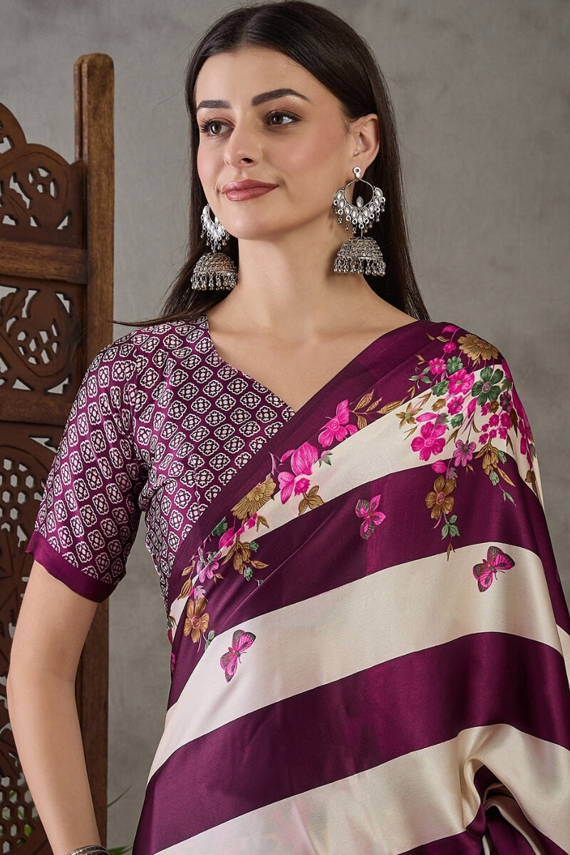 Pansy Purple Stripe Printed Satin Silk Saree