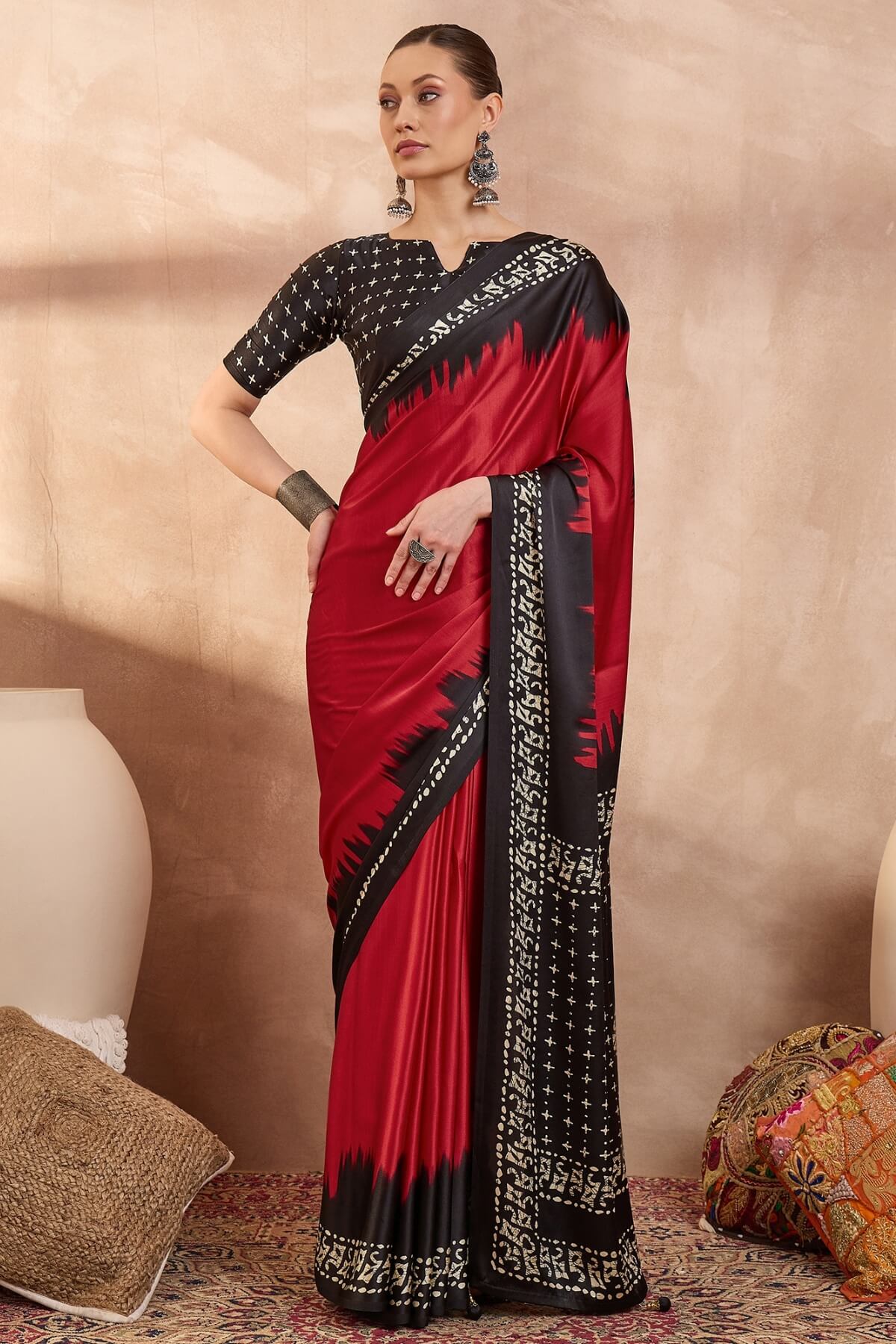 Paprika Red Printed Satin Silk Saree