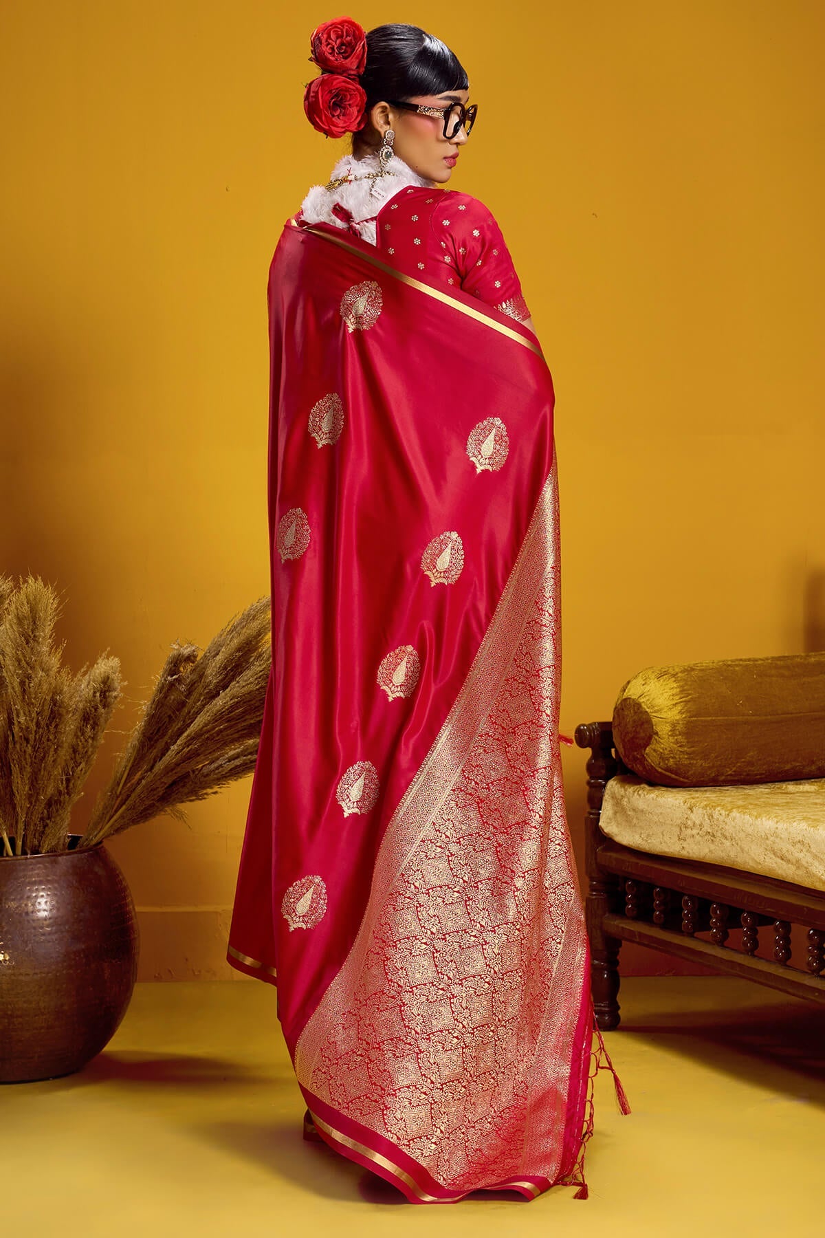 Paprika Red Zari Woven Banarasi Satin silk saree