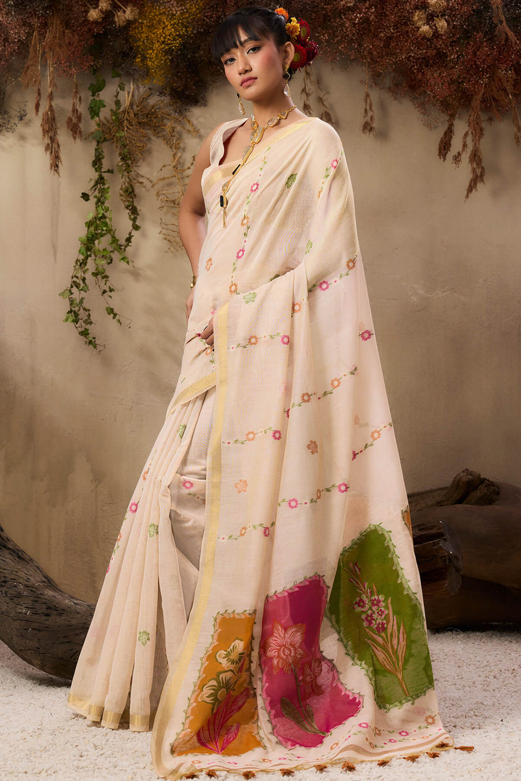Pastel Beige Handloom Munga cotton Silk Saree