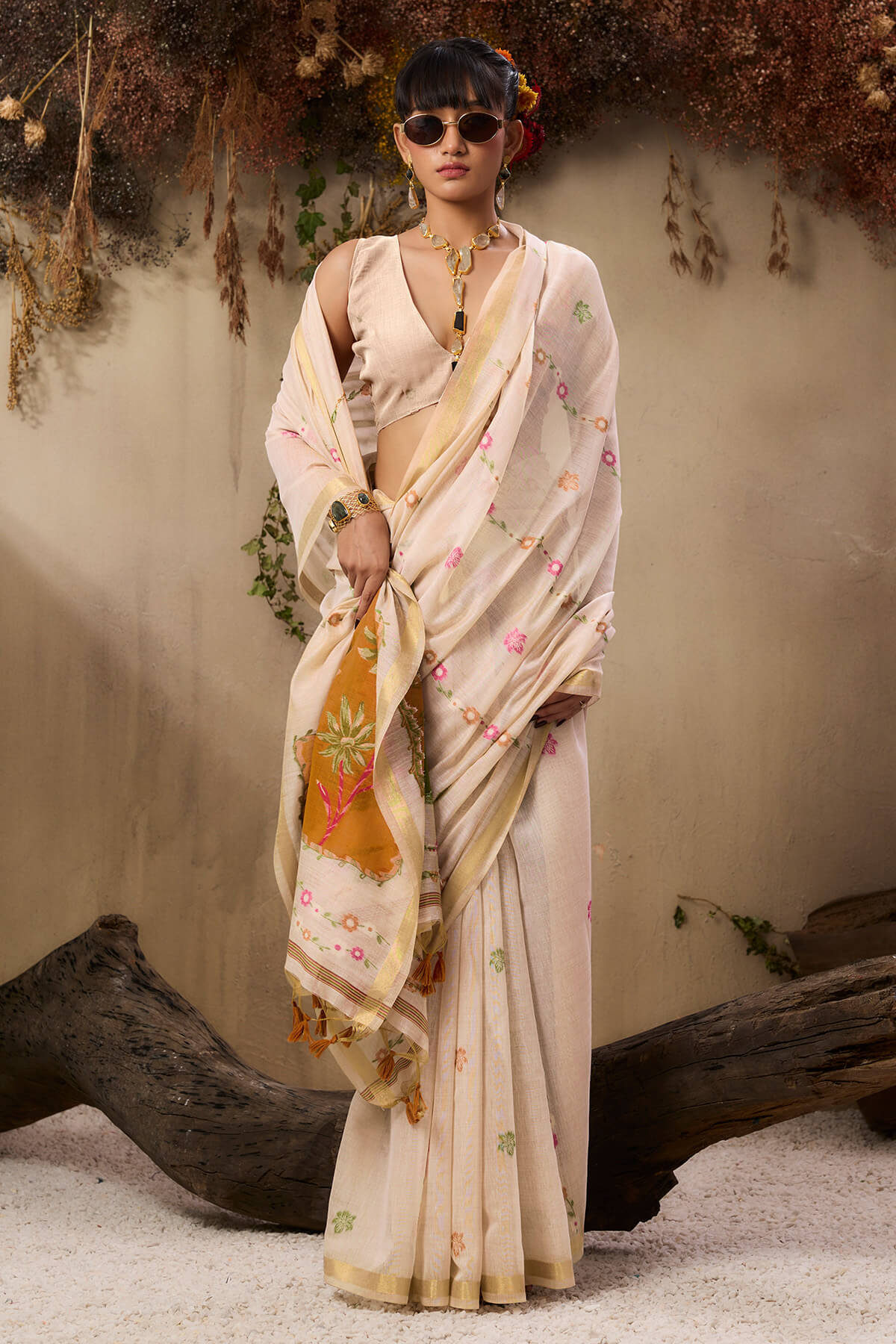 Pastel Beige Handloom Munga cotton Silk Saree