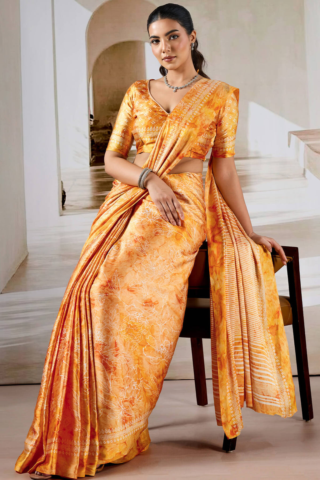 Pastel Orange Hand Prism Printed Satin Silk Saree