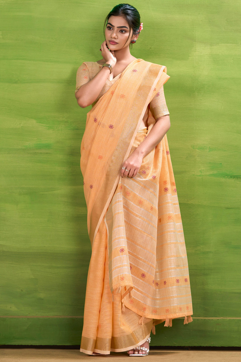 Pastel Orange Linen Silk Saree