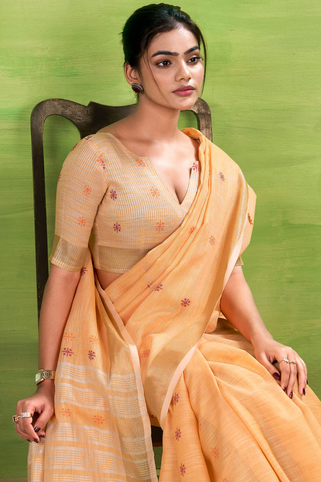 Pastel Orange Linen Silk Saree
