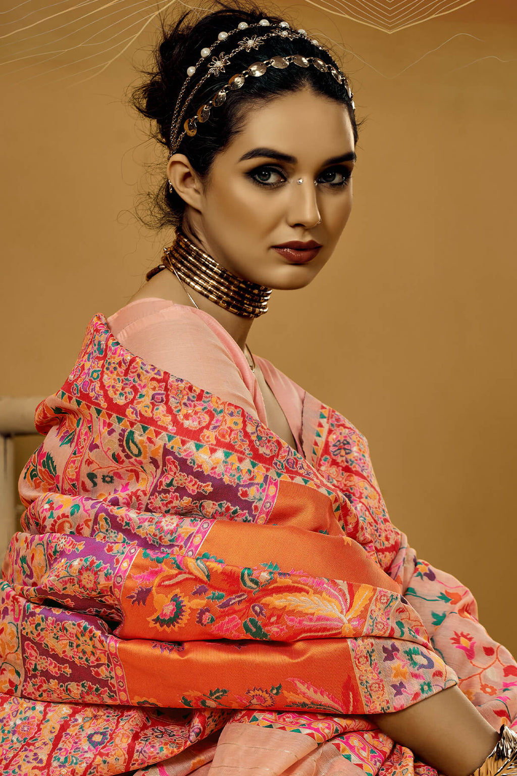 Pastel Peach Kashmiri Modal Pashmina Silk Saree