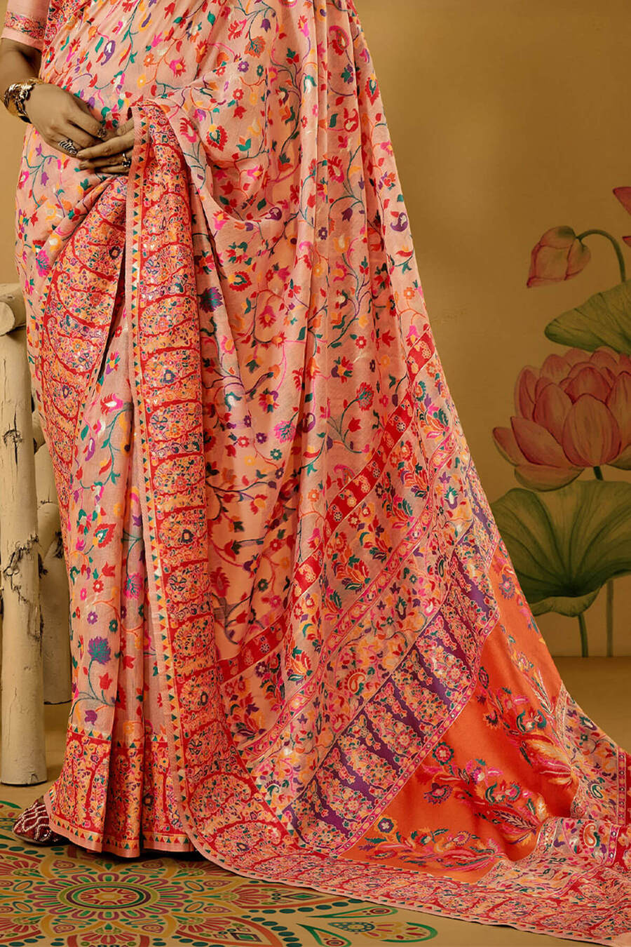 Pastel Peach Kashmiri Modal Pashmina Silk Saree