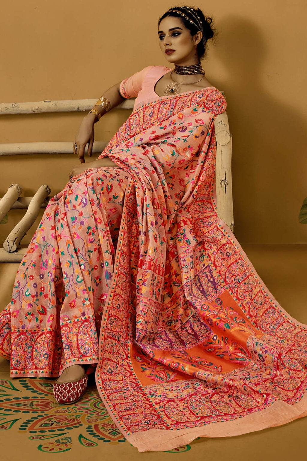 Pastel Peach Kashmiri Modal Pashmina Silk Saree