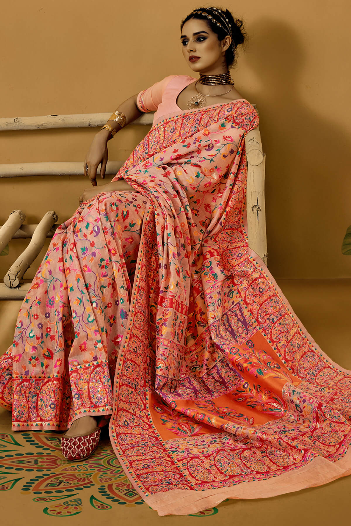 Pastel Peach Kashmiri Modal Pashmina Silk Saree
