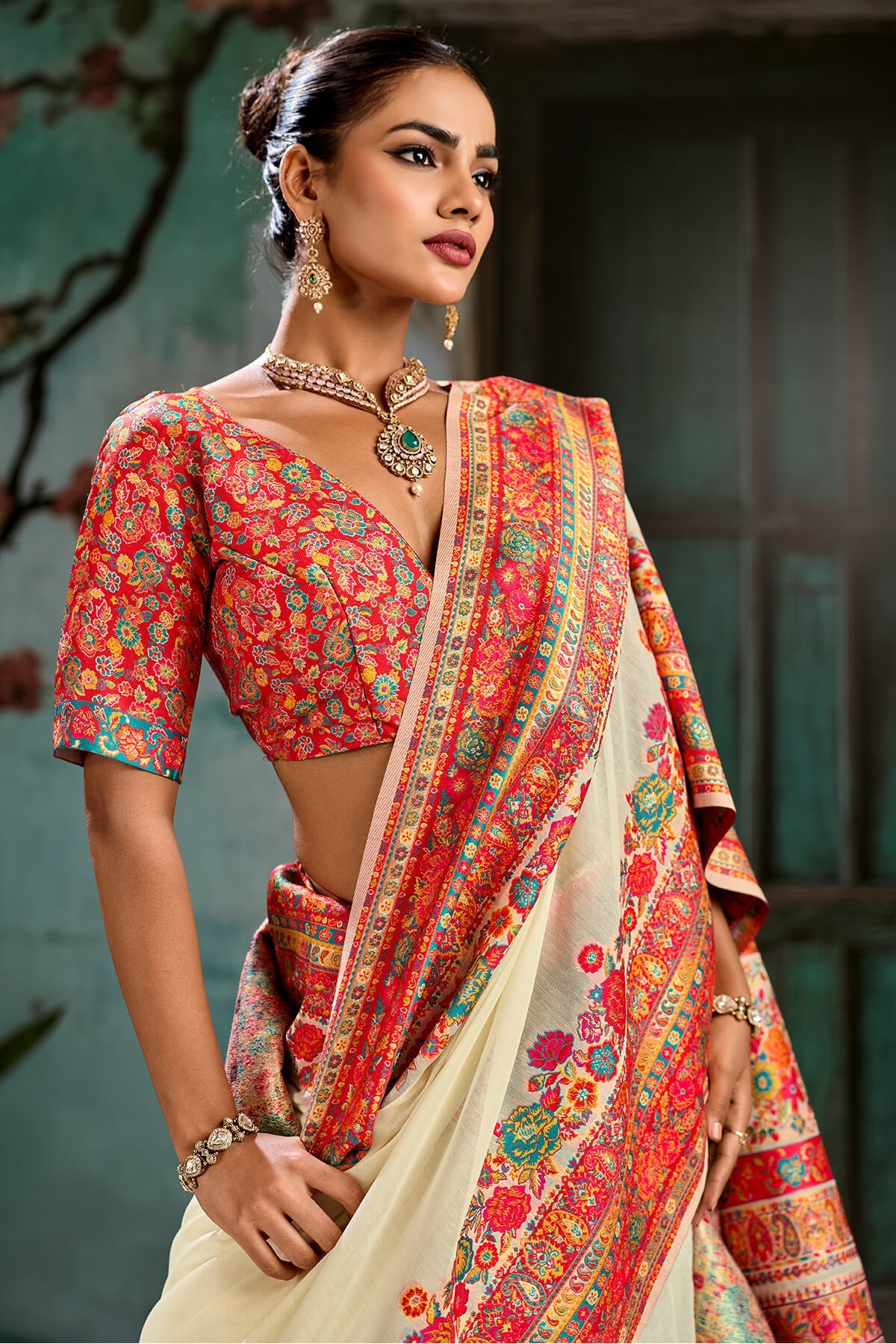 Pavlova Beige Pashmina Silk Saree